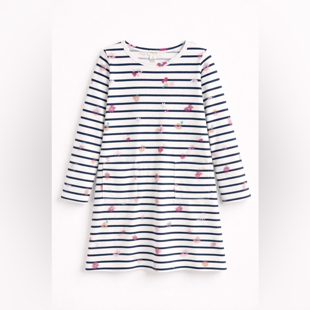 NWT Crewcuts Long Sleeve Striped Floral Dress | White & Navy | Girls’ Size 10